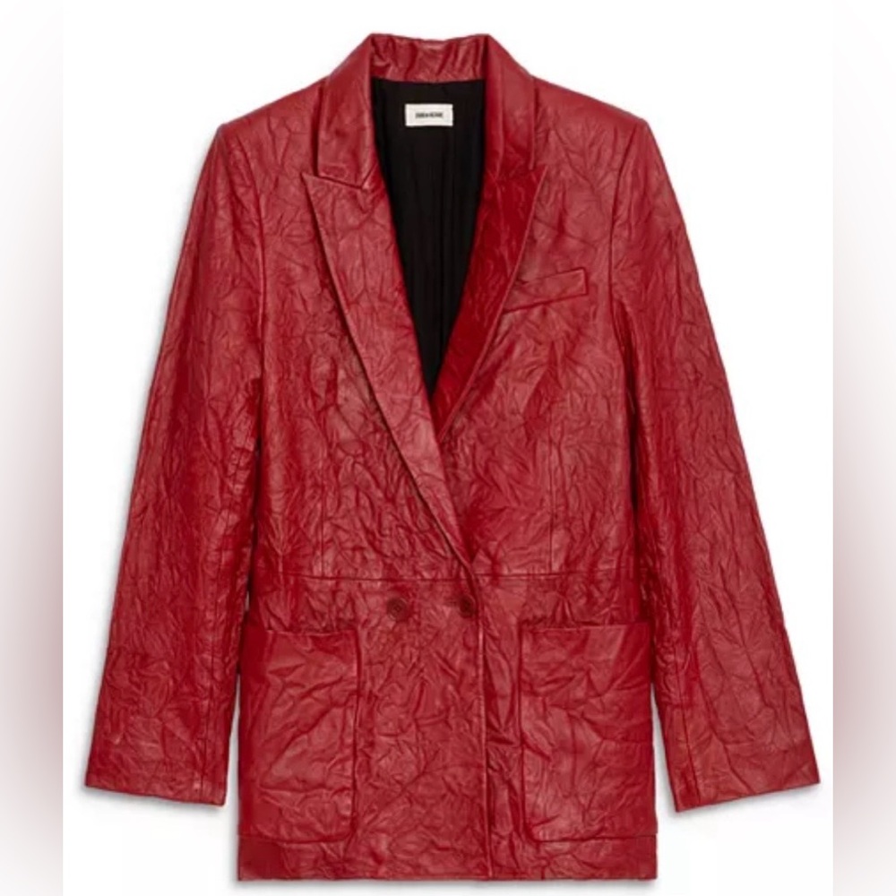 Zadig & Voltaire Visko Cuir Froisse Leather Blazer-Crimson | NWT